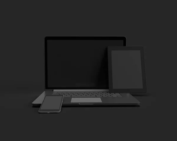 Renderelés Laptop Tablet Mobiltelefon Fekete Elszigetelt Háttérrel Digitális Koncepció Mockup — Stock Fotó