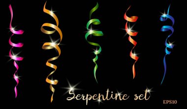 Siyah bir zemin üzerinde ışıl ışıl parlayan çok renkli yılanlar. Kurdeleli nesneler. Tatil süslemesi. Yılanlar, bakışlar ve arka plan ayrı ayrı katmanlara yerleştirilir. Vektör İllüstrasyonu