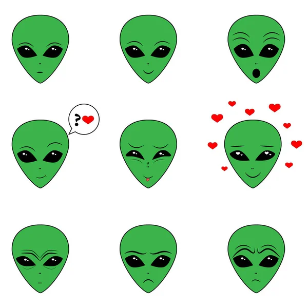 Außerirdische Emotionen Ufo Figuren Verschiedene Gefühle Humanoide Gesichter Avatare Von — Stockvektor