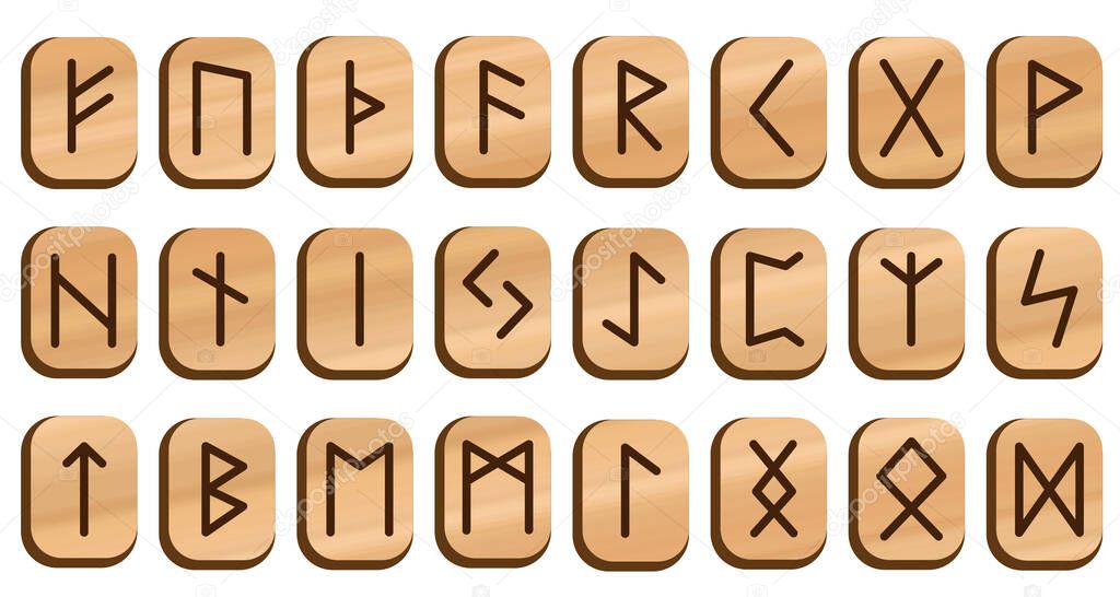 Wooden runes set. Futhark. Writing ancient Germans and Scandinavians. Mystical, esoteric, occult, magic symbols. Fortune telling collection, predicting the future.Vector illustration