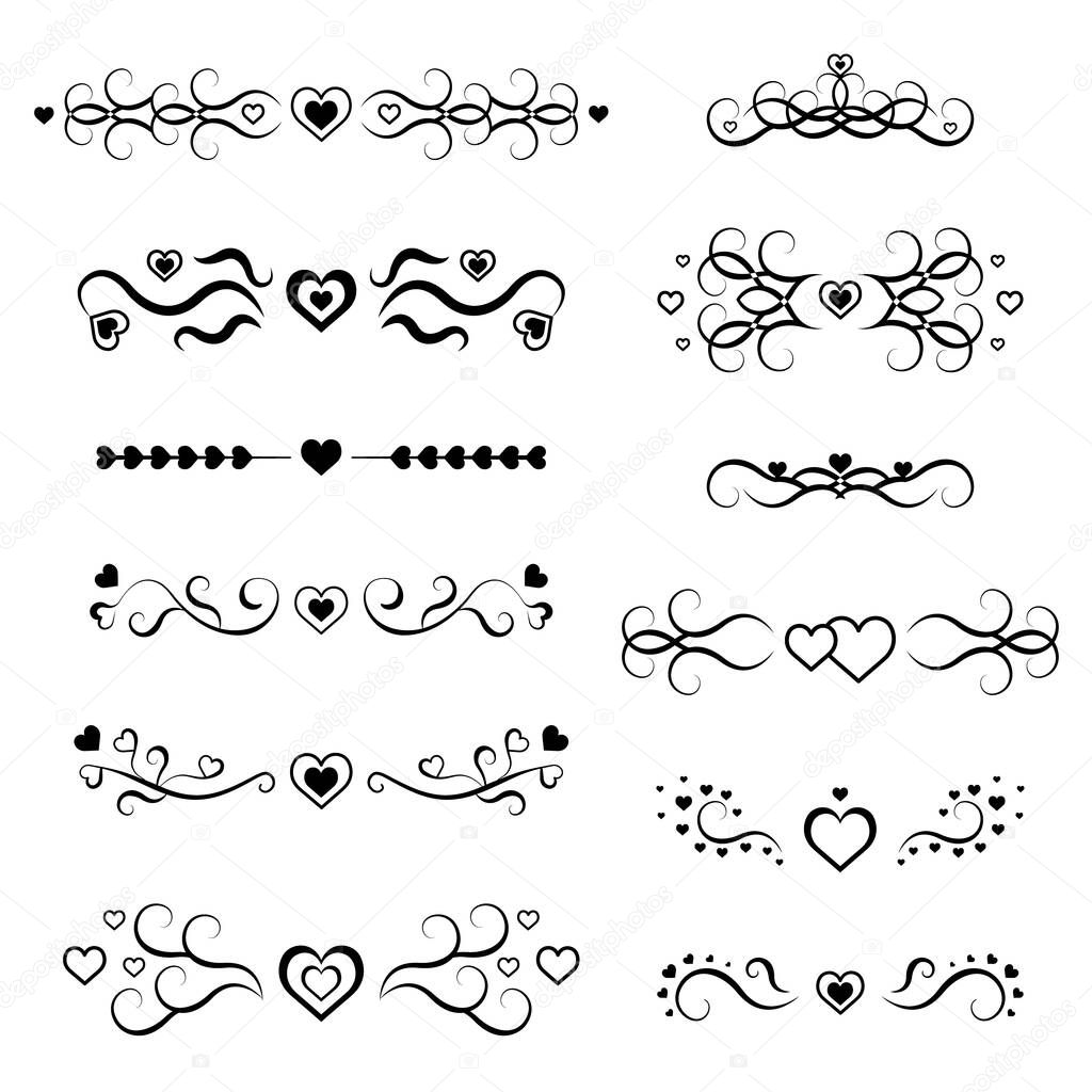 Decorative page divider. Isolated vector icons set on white background. Holiday elements for romantic purposes. Hearts. Valentine's Day. Original scroll elements. Borders. Vector illustration for your design