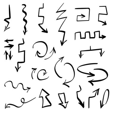 Çeşitli oklar koleksiyonu. Beyaz arka planda izole edilmiş. El çizimi göstergeleri, işaretler ve kaydırma ögeleri.