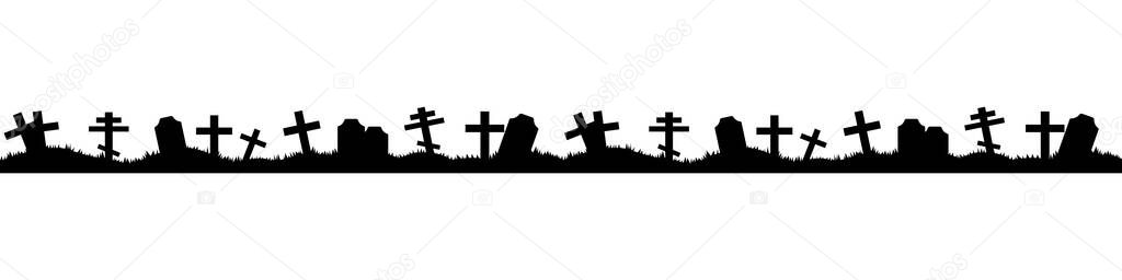 Graves, hills and crosses. Halloween. Endless silhouette of the cemetery.