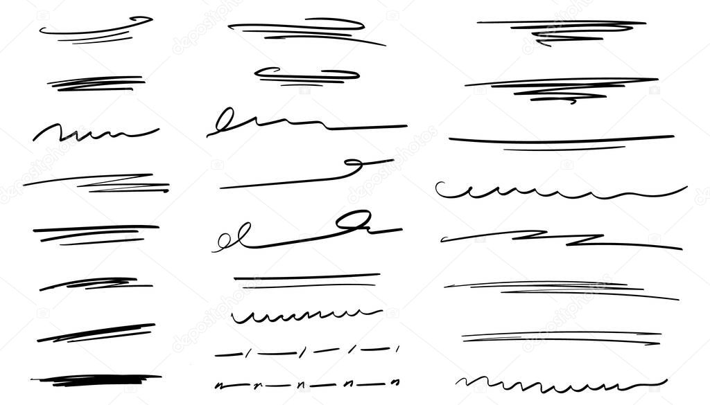 Underlines. Hand-drawn collection of doodle style various shapes. Isolated on white. Vector illustration