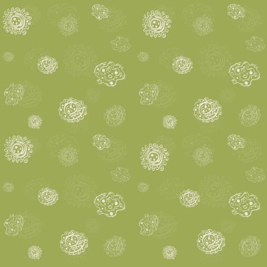 Koronavirüs yeşil, pürüzsüz desen. Covid-19 molekülleri ile sonsuz bir arka plan. El çizimi parlak arkaplan.
