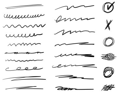 Vektör fırça çizgileri, altçizgiler, daireler, işaretler. Beyazda izole edilmiş. Vektör çizimi. Çeşitli şekillerde el yapımı karalama koleksiyonu.