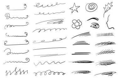 Set of handmade lines, brush lines, underlines. Hand-drawn collection of doodle style various shapes.Art lines and elements. Isolated on white. Vector illustration clipart