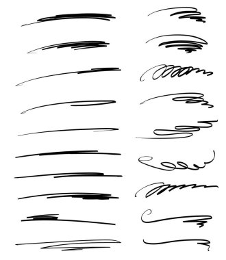 El yapımı çizgiler, fırça çizgileri, altçizgiler. Çeşitli şekillerde el yapımı karalama koleksiyonu. Sanat çizgileri. Beyazda izole edilmiş. Vektör illüstrasyonu