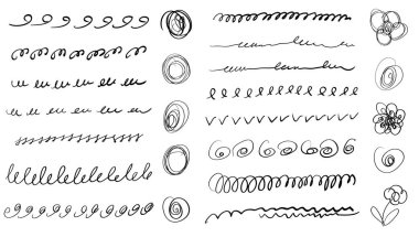 El yapımı çizgiler, fırça çizgileri, altçizgiler. Çeşitli şekillerde el yapımı karalama koleksiyonu. Sanat çizgileri ve elementler Beyazda izole edilmiş. Vektör illüstrasyonu