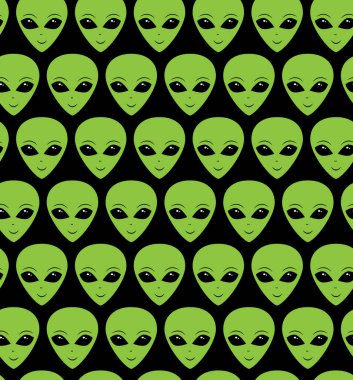 Kusursuz bir uzaylı deseni. Sonsuz UFO arkaplanı. Siyah arka plandaki insansılar. Gülen ziyaretçiler, Marslılar. Vektör illüstrasyonu.