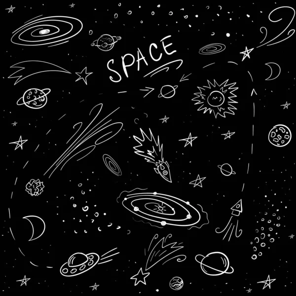 Hand drawn cosmic seamless pattern. Doodles endless backdrop. White on black.Rockets, planets, UFO, stars, comets, asteroids, space debris, stones.
