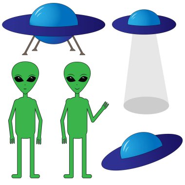 UFO seti. İnsanımsı ve uzay gemisi koleksiyonu izole edildi. Vektör illüstrasyonu.
