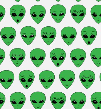 Kusursuz bir uzaylı deseni. Sonsuz UFO arkaplanı. Siyah arka planda insansı duygular. Ziyaretçilerin Emoji 'si, Marslılar. Vektör illüstrasyonu.