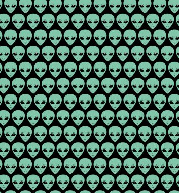 Kusursuz bir uzaylı deseni. Sonsuz UFO arkaplanı. Siyah arka plandaki insansılar. Gülen ziyaretçiler, Marslılar. Vektör illüstrasyonu.