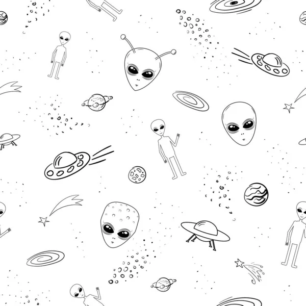 Hand drawn cosmic seamless pattern. Doodles endless backdrop. Black on white. Aliens, planets, UFO, comets, asteroids, space debris, stones.