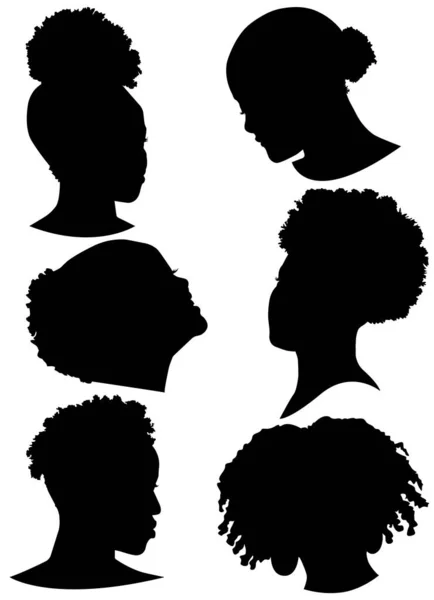 Conjunto Siluetas Caras Mujeres Afroamericanas Peinados Diversos Ilustración Vectorial — Vector de stock