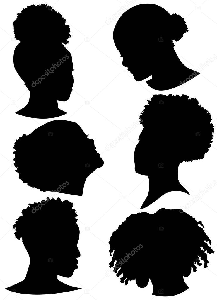 Set of silhouettes of African American women faces. Diverse hairstyles. Vector illustration