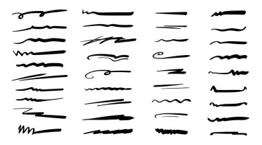 Elle çizilmiş karalama stili koleksiyonu çeşitli şekiller, altçizgiler. Sanat çizgileri. Beyazda izole edilmiş. Vektör illüstrasyonu