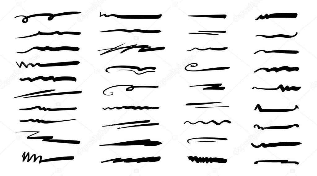 Hand-drawn collection of doodle style various shapes, underlines. Art Lines. Isolated on white. Vector illustration