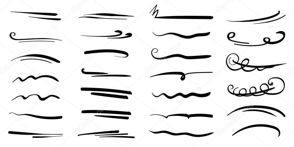 Hand-drawn collection of doodle style various shapes, underlines. Art Lines. Isolated on white. Vector illustration
