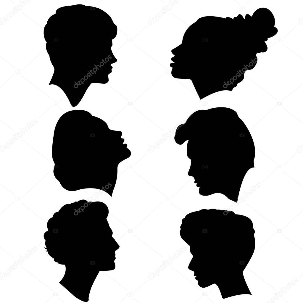 Set of silhouettes of men and women in profile. Vector male and female icons. Isolated illustrations of different people. Vector illustration black on white for your design
