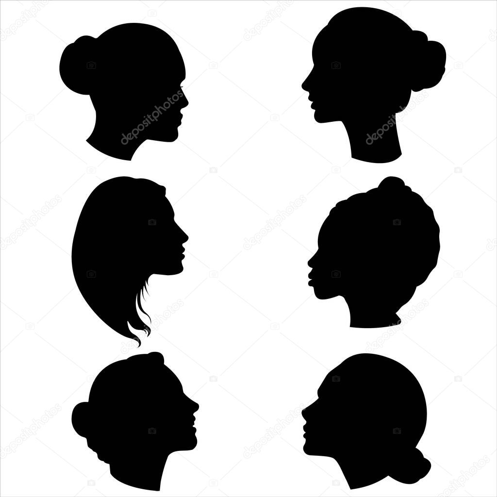 Set of silhouettes of women in profile. Vector female icons. Isolated illustrations of different people. Vector illustration black on white for your design