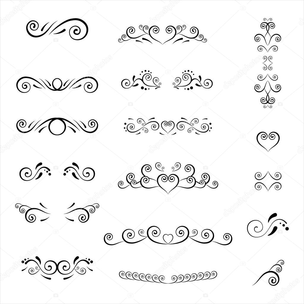 Decorative page divider. Isolated vector icons set on white background. Borders. Vector illustration. Original scroll elements for your design