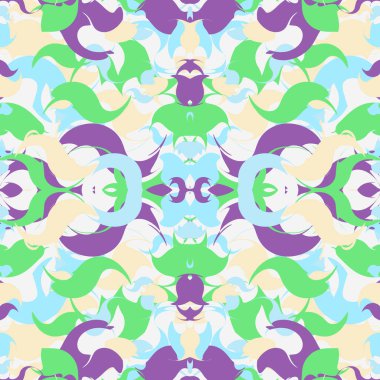 Değişik şekillerde kusursuz soyut desenler. Sonsuz parlak arka plan. Yeşil, turkuaz, mor, sarı. Rastgele şekiller.