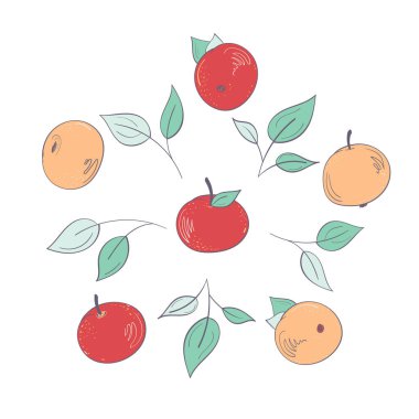 Kusursuz çizilmiş elma seti. Meyveler, olgun kırmızı ve portakal meyveleri ve yapraklar. Bitmek bilmeyen çiçek arkaplanı.