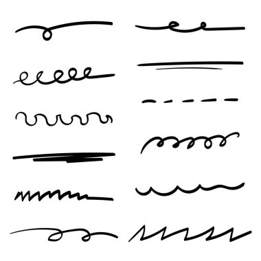 El yapımı çizgiler, fırça çizgileri, altçizgiler. Çeşitli şekillerde el yapımı karalama koleksiyonu. Sanat çizgileri. Beyazda izole edilmiş. Vektör illüstrasyonu