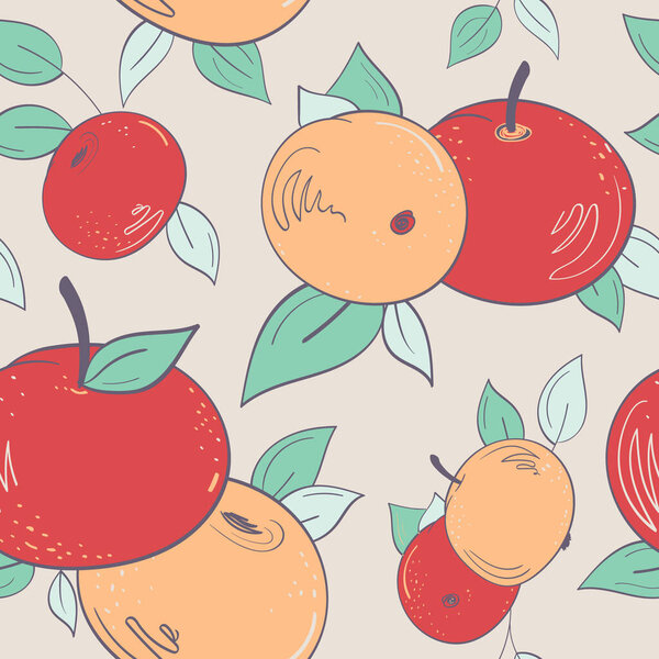 Бесшовный ручной рисунок яблока. Плоды, спелые красные и апельсиновые фрукты, и листья. Бесконечный цветочный фон
.