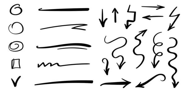 Conjunto Líneas Pincel Vectorial Subrayados Círculos Signos Colección Dibujada Mano — Archivo Imágenes Vectoriales