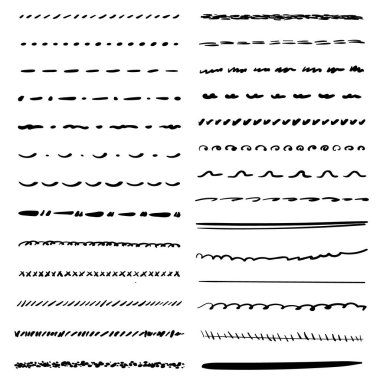 El yapımı çizgiler, fırça çizgileri, altçizgiler. Çeşitli şekillerde el yapımı karalama koleksiyonu. Sanat çizgileri. Beyazda izole edilmiş. Vektör illüstrasyonu