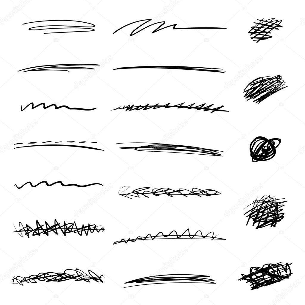 Set of handmade lines, brush lines, underlines, strikethrough, lattice, hatching. Hand-drawn collection of doodle style various shapes. Art Lines. Isolated on white. Vector illustration
