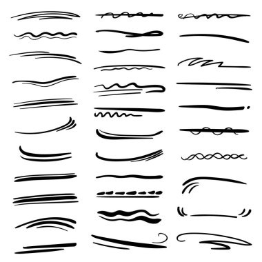 El yapımı çizgiler, fırça çizgileri, altçizgiler. Çeşitli şekillerde el yapımı karalama koleksiyonu. Sanat çizgileri. Beyazda izole edilmiş. Vektör illüstrasyonu