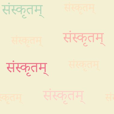 Sanskritçe kusursuz desen. Devanagari metni pastel renklerde. Kelimelerle dolu sonsuz bir geçmiş. Vektör illüstrasyonu.