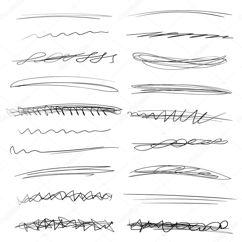 Set of handmade lines, brush lines, underlines. Hand-drawn collection of doodle style various shapes. Art Lines. Isolated on white. Vector illustration