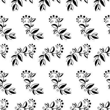 Çiçeksel elementlerle kusursuz desen. Dal, bitki, çiçek. Bitkisel ve bitmeyen organik arka plan. Beyazın üstüne siyah, minimalizm. Tek renkli olsun. Vektör illüstrasyonu