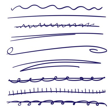 El yapımı çizgiler, fırça çizgileri, altçizgiler. Çeşitli şekillerde el yapımı karalama koleksiyonu. Sanat çizgileri. Beyazda izole edilmiş. Vektör illüstrasyonu