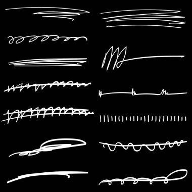 El yapımı çizgiler, fırça çizgileri, altçizgiler. Çeşitli şekillerde el yapımı karalama koleksiyonu. Sanat çizgileri. Siyahta izole edilmiş. Vektör illüstrasyonu