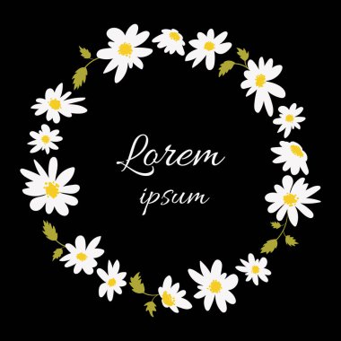 Papatya yaprakları, çiçek, bitki örtüsü ve çiçeklerle zıt renklerde çizilmiş bir resim. İzole edilmiş. Metin değiştirilebilir. Vektör illüstrasyonu