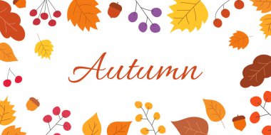 Sonbahar el kaplaması ağaç yaprakları, beriler ile çizilmiştir. Basit botanik şekiller izole edilir ve kırpma maskesinin altına saklanır. Metin değiştirilebilir. Vektör illüstrasyonu.