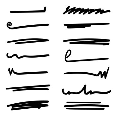 El yapımı çizgiler, fırça çizgileri, altçizgiler. Çeşitli şekillerde el yapımı karalama koleksiyonu. Sanat çizgileri. Beyazda izole edilmiş. Vektör illüstrasyonu