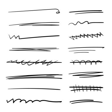 El yapımı çizgiler, fırça çizgileri, altçizgiler. Çeşitli şekillerde el yapımı karalama koleksiyonu. Sanat çizgileri. Beyazda izole edilmiş. Vektör illüstrasyonu