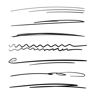 El yapımı çizgiler, fırça çizgileri, altçizgiler. Çeşitli şekillerde el yapımı karalama koleksiyonu. Sanat çizgileri. Beyazda izole edilmiş. Vektör illüstrasyonu