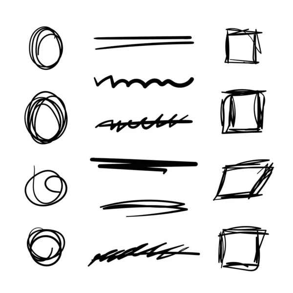 Conjunto Líneas Pincel Vectorial Subrayados Círculos Cuadrados Signos Colección Dibujada — Archivo Imágenes Vectoriales