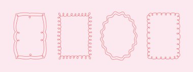 El yapımı dalgalı coquette çerçeve seti, kıvrımlı kıvrımlı kıvrımlı kıvrımlı fiyonk, kurdele kadrosu, modaya uygun, modaya uygun, tuhaf kenarlar, zarif sınır tasarım pulları. İzole edilmiş. Vektör