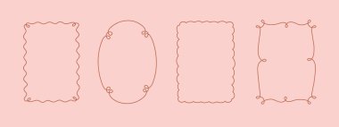 El yapımı dalgalı coquette çerçeve seti, kıvrımlı kıvrımlı kıvrımlı kıvrımlı fiyonk, kurdele kadrosu, modaya uygun, modaya uygun, tuhaf kenarlar, zarif sınır tasarım pulları. İzole edilmiş. Vektör