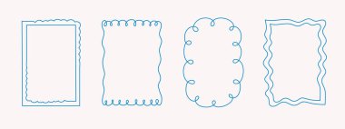 El yapımı dalgalı coquette çerçeve seti, kıvrımlı kıvrımlı kıvrımlı kıvrımlı fiyonk, kurdele kadrosu, modaya uygun, modaya uygun, tuhaf kenarlar, zarif sınır tasarım pulları. İzole edilmiş. Vektör