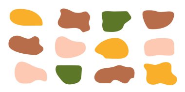 Soyut boho şekilleri, modaya uygun modern organik lekeler siluetler, doğa basit estetik elementler. Modern çağdaş kolaj, çeşitli şirin kabarcıklar. İzole edilmiş. Vektör